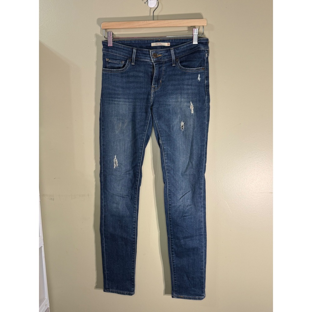 Levis 711 Skinny Jeans Womens 26 Medium Wash Distressed Mid Rise Denim